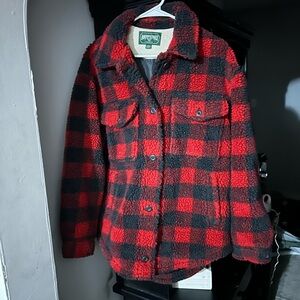 Vintage Women's Red and Black Plaid Sherpa Jacket